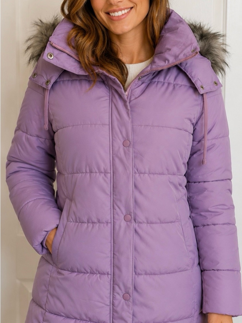 Talbots Lavender Quilted Puffer Coat with Faux-Fur Trim Small